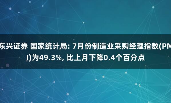 东兴证券 国家统计局: 7月份制造业采购经理指数(PMI)为49.3%, 比上月下降0.4个百分点